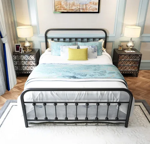 Vista 12 de TEMMER - Cama con estructura de tubos de metal de tamaño queen con cabecera, piecera y base de colchón de plataforma única, 8013 8033 8018.