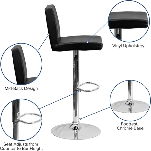 Vista 5 de Flash Furniture Taburete de bar contemporáneo de vinilo negro ajustable con panel trasero y base cromada (paquete de 1)