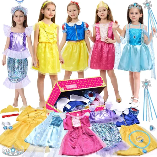 Tacobear Princess Dress Up Clothes for Little Girls Dress Up Trunk Set Elsa Mermaid Snow White Belle Sleeping Beauty Pretend Play Costume Halloween