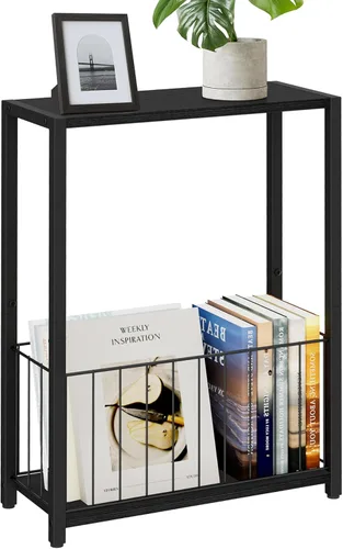 Vista 17 de Homleke Mesa auxiliar con soporte para revistas, soporte para tocadiscos con estante LP, mesa auxiliar para sala de estar, dormitorio o mesita