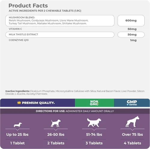 Vista 5 de Complejo de hongos para perros - 120 tabletas masticables - Hongo cola de pavo - Soporte inmunológico, articular, digestivo y hepático con cardo