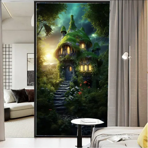 Vista 25 de Película de privacidad rústica para ventana, diseño retro de árbol de casa, vitral, bloqueo solar, control de calor, película decorativa para cubrir
