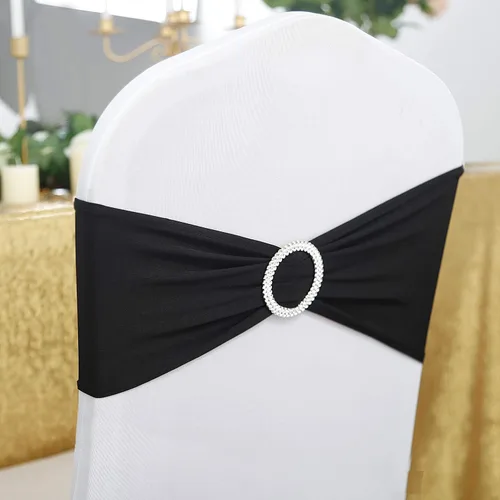 Vista 2 de Peomeise - 25 bandas elásticas de elastano negro para sillas con hebilla deslizante, para decoración de bodas y fiestas