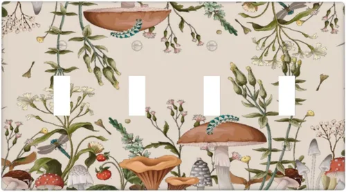 Vista 77 de Placa de Pared en Blanco de 1-Gang Sin Dispositivo Beige Lindo Vintage Boho de los 70s Hongo Fungus Planta Floral Botánica Libélula Interruptor