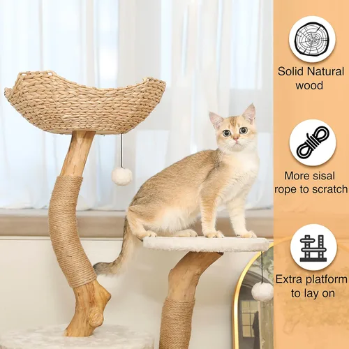 Vista 4 de Árbol moderno para gatos pequeños de interior, torre para gatos de madera real con poste para rascar, recinto oculto, único, bohemio, blanco