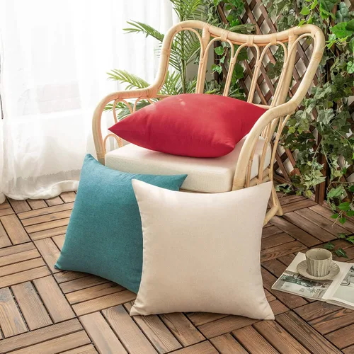 Vista 6 de Woaboy - Juego de 2 fundas impermeables de cojines para exteriores, fundas decorativas de cojines, sólidos, de lino de algodón de granja para sillas