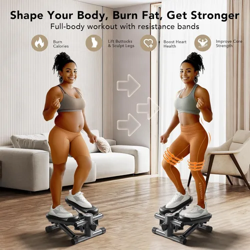 Vista 2 de Mini Stepper con bandas de resistencia, escalera de pasos para ejercicio en casa, máquina de fitness hidráulica compacta, altura de paso ajustable