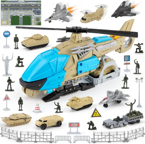 XDUOYJOY Juguetes militares de helicóptero, juego de juguetes del ejército con 10 vehículos, tanques, aviones, aviones, hombres del ejército y