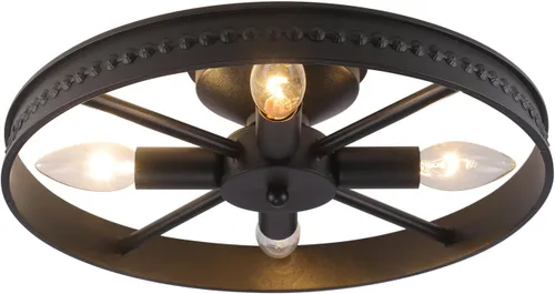 Lámpara de techo redonda de 4 luces con montaje semiempotrado en negro, estilo rústico de metal granja para isla de cocina, comedor, pasillo,