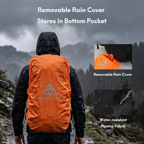 Vista 5 de Haimont Paquete de mochilero enrollable de 40L+15L con cubierta para lluvia, negro