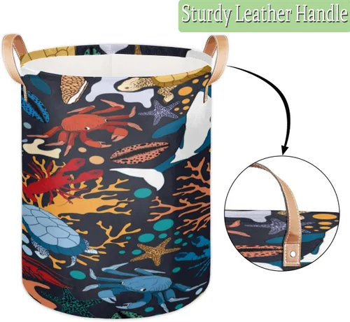 Vista 6 de Cesta de lavandería con asas de ballenas, tortugas y cangrejos, plegable, para baño, dormitorio, toallas