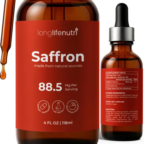 LongLifeNutri Gotas de extracto de azafrán, suplemento líquido de 4 onzas líquidas, fórmula herbaria de 88.5 mg, cápsulas de salto, formato de