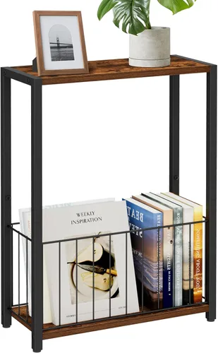 Vista 14 de Homleke Mesa auxiliar con soporte para revistas, soporte para tocadiscos con estante LP, mesa auxiliar para sala de estar, dormitorio o mesita