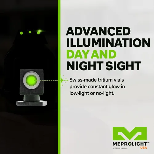 Vista 2 de MEPROLIGHT Miras nocturnas hiperbrillantes compatibles con Glock 19, 17, 43x, 20, tritio verde, fotoluminiscente frontal de color extra brillante