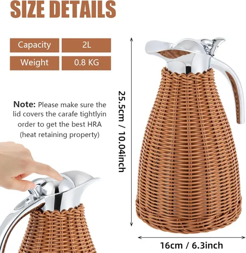 Vista 3 de Jarra térmica de café de acero inoxidable, 50 onzas/1.5 L de ratán tejido, jarra de café aislada de doble pared, aislamiento al vacío, retención