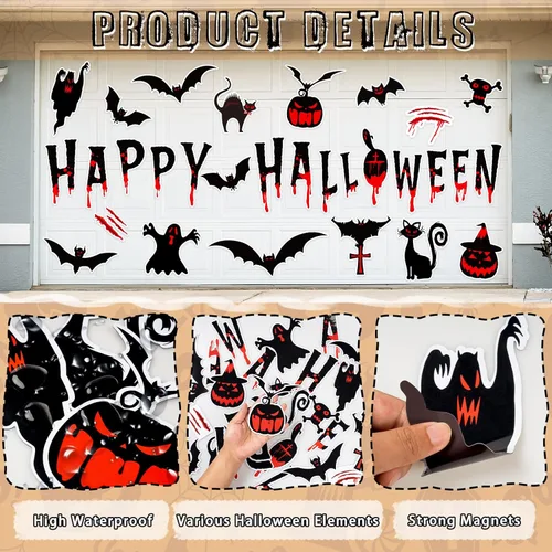 Vista 4 de Kockuu 30 imanes de decoración de puerta de garaje de Halloween, calcomanía magnética negra, murciélago, bruja, gato, fantasma, imanes