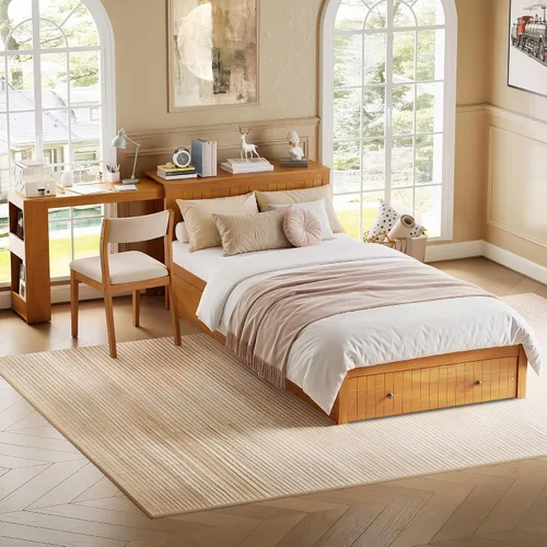 Vista 22 de VilroCaz Cama de plataforma multifunción de tamaño matrimonial con nido y cajones, plataforma de madera con cabecera de almacenamiento y enchufes