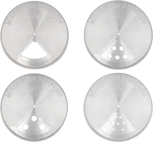 Mason Jar Lifestyle Tapas ajustables para coctelera de especias para tarros Mason de boca ancha, paquete de 4 tapas de acero inoxidable con opciones