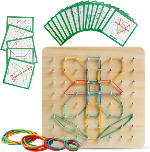 Vista 8 de Skrtuan Tablero geométrico de madera para niños - Juguete educativo Montessori STEM con tarjetas de patrones y bandas de goma, rompecabezas