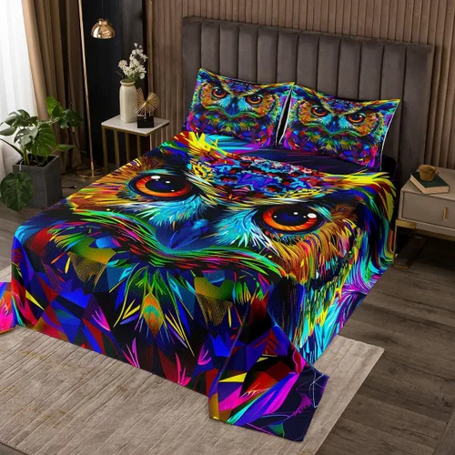 Erosebridal Juego de colcha acolchada con búho en 3D, tamaño King para niños y niñas, multicolor, juego de colcha de animales salvajes en acuarela,