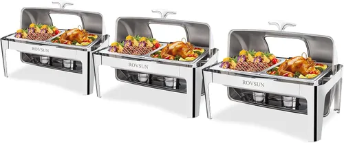 ROVSUN Juego de 3 platos de bufé con tapa enrollable, 9 cuartos de galón de acero inoxidable NSF rectangular para catering, servidores de bufé y
