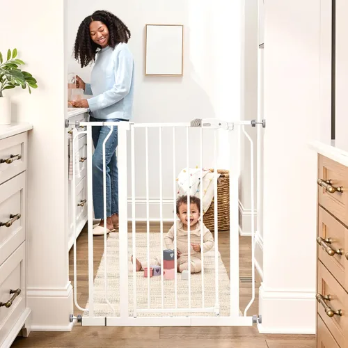 Vista 18 de Regalo Easy Step - Puerta para bebé extra alta con acceso, kit adicional, incluye kit de extensión de 4 pulgadas, kit de montaje a presión, ventosas