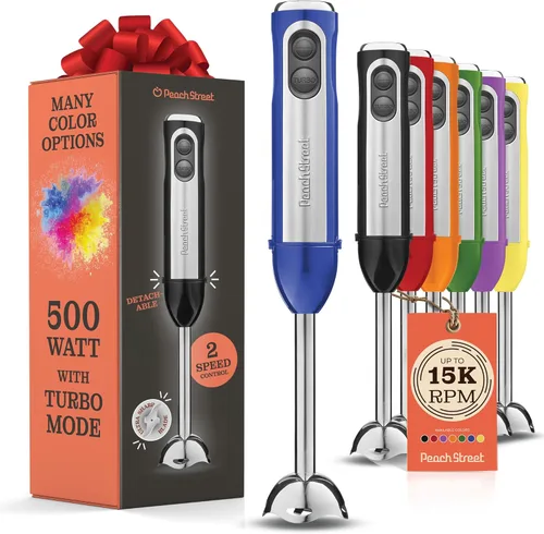 Vista 22 de Potente licuadora de inmersión, licuadora de mano eléctrica de 500 vatios con modo turbo, base desmontable. Licuadora de cocina manual con varilla