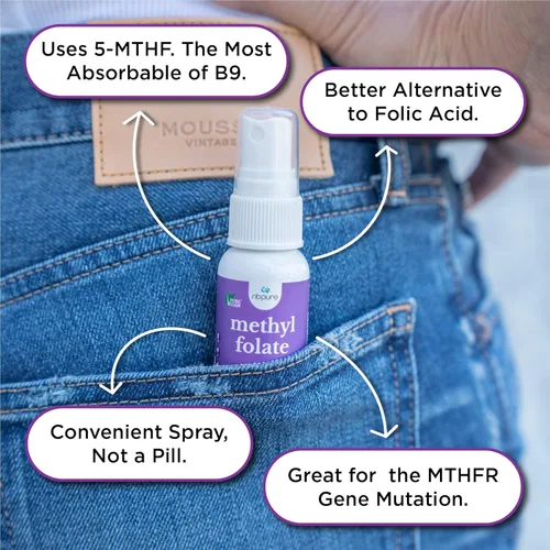 Vista 3 de nbpure Suplemento en aerosol de vitamina B9 de metilfolato, spray líquido de ácido fólico, 1 oz