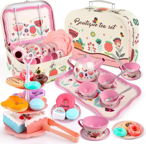 Juego de fiesta de té para niñas pequeñas, juegos de té de flores, juguetes para niñas de 3, 4, 5, 6 años, juguetes de cocina para niños pequeños
