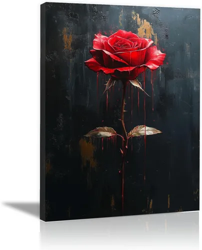 ZUMOOO Vintage Blood Rose Flower On Canvas Wall Art, For Bathroom Bedroom Office Living Room Home Wall Decor - 20x30cm(8x12in) Framed(Rose)