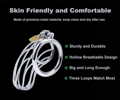 Vista 5 de Jaula de castidad con candado de acero inoxidable Uleade™, juguete sexual para hombres (3 anillos), B, 1