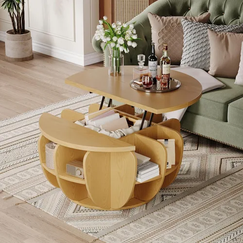 Vista 7 de Mesa auxiliar de 32.7 pulgadas con almacenamiento, mesa central redonda de madera natural con compartimento de almacenamiento oculto y estantes