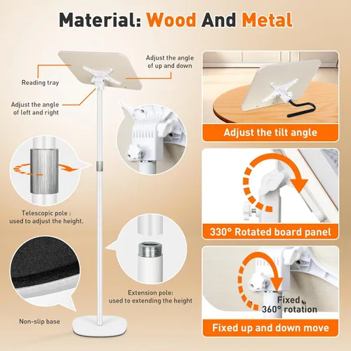 Vista 7 de Soporte para libros de pie 2 en 1, soporte plegable para libros para lectura con clips de página, altura ajustable de 19 a 51 pulgadas, soporte