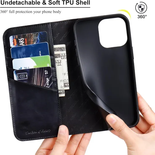 Vista 2 de VISOUL Funda de cuero para iPhone 15 Pro Max, funda tipo cartera de piel auténtica con ranuras para tarjetas, función atril, a prueba de golpes