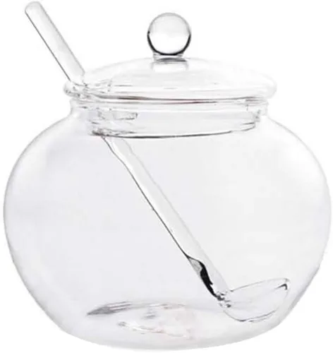 Hemoton Dispensador de azúcar de vidrio, contenedor de azúcar con tapa y cuchara, tarros transparentes para especias para cocina (13.2 fl oz)