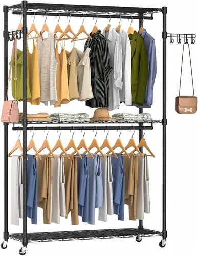 Vista 7 de Perchero Rodante de Servicio Pesado para Ropa, 3 Niveles de Estantes de Alambre Ajustable Independiente Portátil Perchero Rodante para Ropa con Negro
