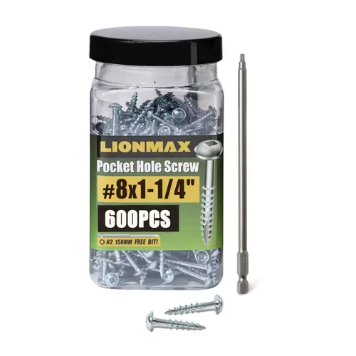 Vista 10 de LIONMAX Tornillos para agujeros de bolsillo de 1-1/4 pulgadas, 100 piezas Tornillo interior para bolsillo #8 x 1-1/4", rosca gruesa, accionamiento