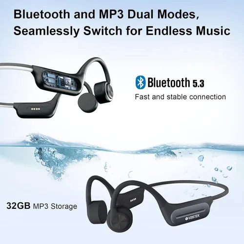 Vista 3 de Voistek Auriculares Bluetooth de conducción ósea con micrófono, reproductor MP3 integrado de 32 GB para natación, auriculares impermeables IP68