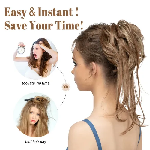 Vista 5 de CJL HAIR Extensiones de cabello rizado con cola de caballo, cabello sintético con coleta recta, coleteros para mujer, rubio ceniza/rubio playa