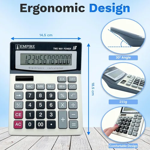 Vista 5 de Calculadora de escritorio Empire con teclas grandes, pantalla grande de 12 dígitos con ángulo de visión amplio, alimentada por energía solar