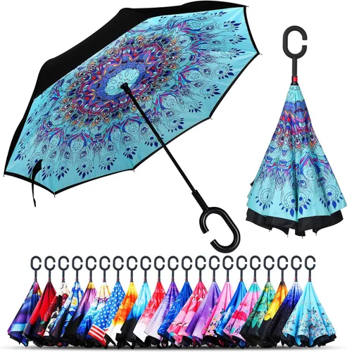 Owen Kyne - Paraguas reversible y plegable de doble capa a prueba de viento, con soporte propio de diseño invertido, protección contra la lluvia,