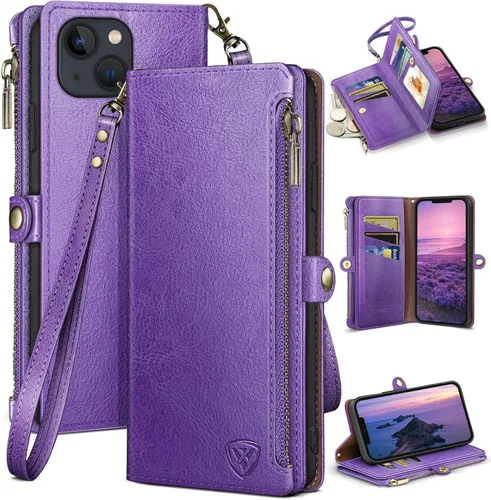 Vista 12 de XcaseBar Funda tipo cartera compatible con iPhone 13 de 6.1 pulgadas con cremallera y tarjetero de crédito con bloqueo RFID, funda de piel sintética