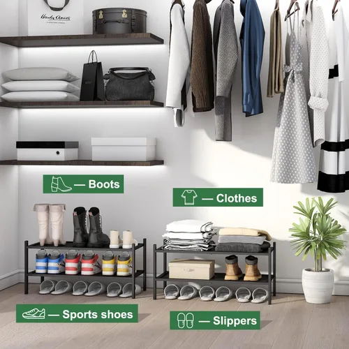 Vista 5 de kiplant Zapatero de bambú negro de 2 niveles, zapatero apilable de madera de bambú para armario, entrada y pasillo