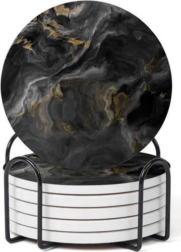 Juego de 6 posavasos abstractos de mármol negro con soporte, posavasos de cerámica absorbente para bebidas, posavasos con respaldo de corcho para
