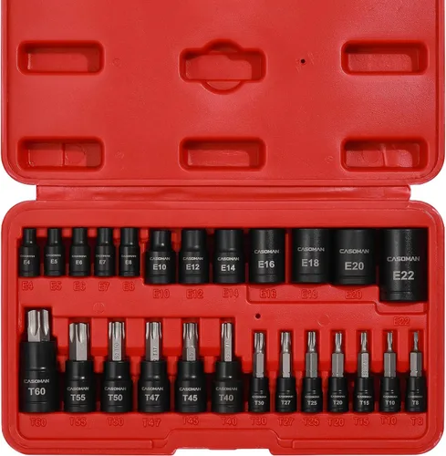 Vista 2 de CASOMAN Juego de 25 piezas de dados Torx y enchufes externos, 13 puntas de enchufe estrella (T8- T60) y 12 enchufes E-Torx hembra (E4-E22)