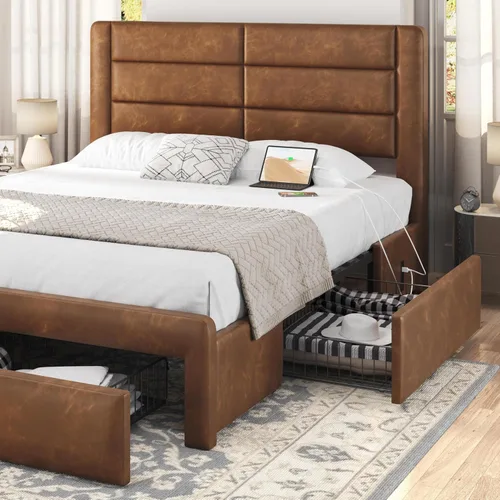 Vista 6 de Yaheetech Marco de Cama Queen con 2 Estaciones de Carga USB/Puerto para Tipo A y Tipo C/3 Cajones de Almacenamiento, Cama Plataforma Tapizada