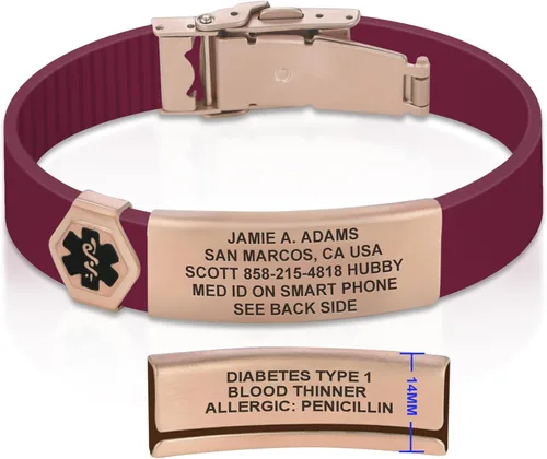Vista 297 de Divoti Pulsera de identificación de alerta médica grabada personalizada, grabado láser de doble cara, pulsera de silicona, cierre de seguridad