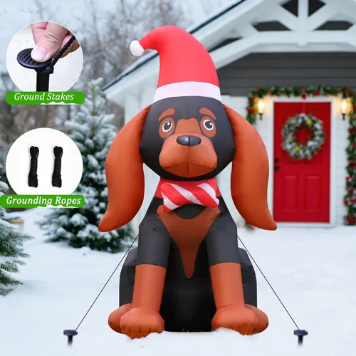 Vista 4 de FunFanso Decoración inflable navideña de 4 pies, lindo perro hinchable para patio con LED incorporado, perro navideño con gorro de Santa