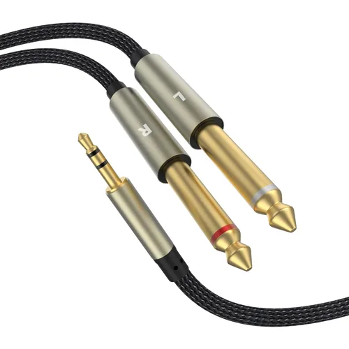 Vista 9 de 10 pies - 0.138 in 1/8 TRS a doble 0.250 in 1/4 TS mono Breakout Cable adaptador de cable estéreo divisor en Y compatible con iPhone, iPod, tarjeta