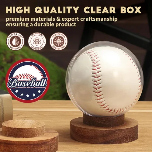 Vista 2 de JupDec Caja de Exhibición de Béisbol, Soporte Redondo Transparente para Bola con Base de Madera, Caja de Soporte para Autógrafos de Béisbol para Una
